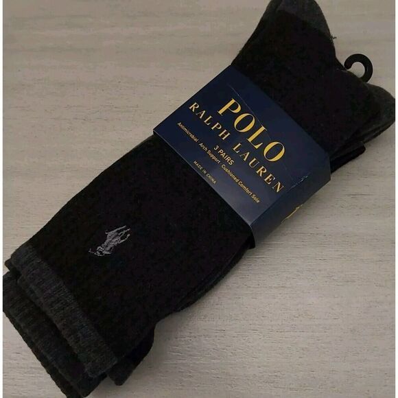 Polo Ralph Lauren Mens Premium Comfort Black Heather 3-Pack Crew Socks Sz 10-13 - Picture 3 of 6